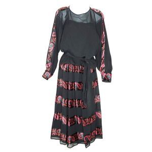 Vintage 3pc Sheer Silk Shirt Skirt Cami Sz 4 Abstract Paisley Stripe Black Red